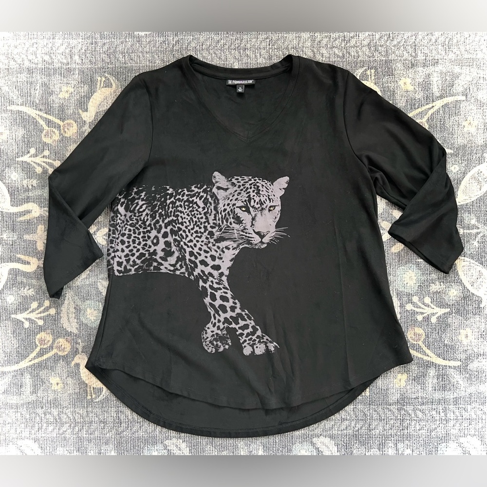 The Pyramid Collection Faux Suede Black Cheetah V neck Top